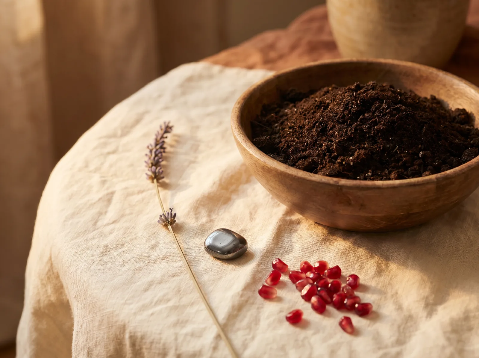 Still life of grounding elements — a wooden bowl of earth, lavender, hematite stone, and pomegranate seeds in soft golden light
