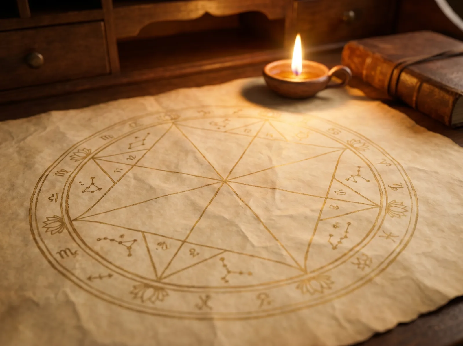 A traditional South Asian Vedic astrology chart wheel on aged parchment, showing the twelve houses and sacred geometry of the system