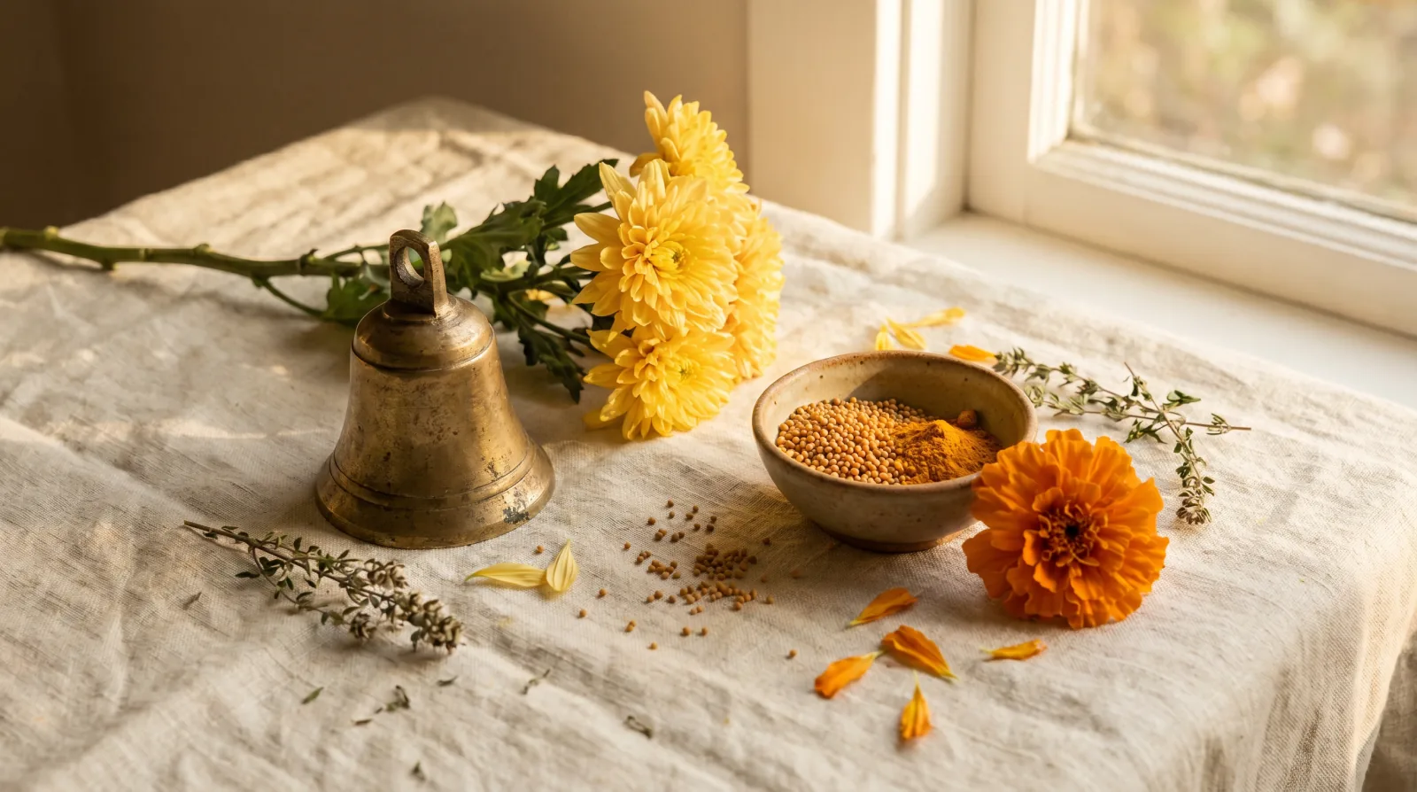 A still life of brass bell, yellow chrysanthemum, mustard seeds, turmeric, and marigold flowers arranged in golden light — symbols of Jupiter offering